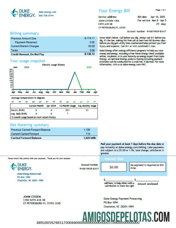 para download Modelo de conta de serviços públicos Duke Energy dos EUA em formatos Word e PDF, versão 4